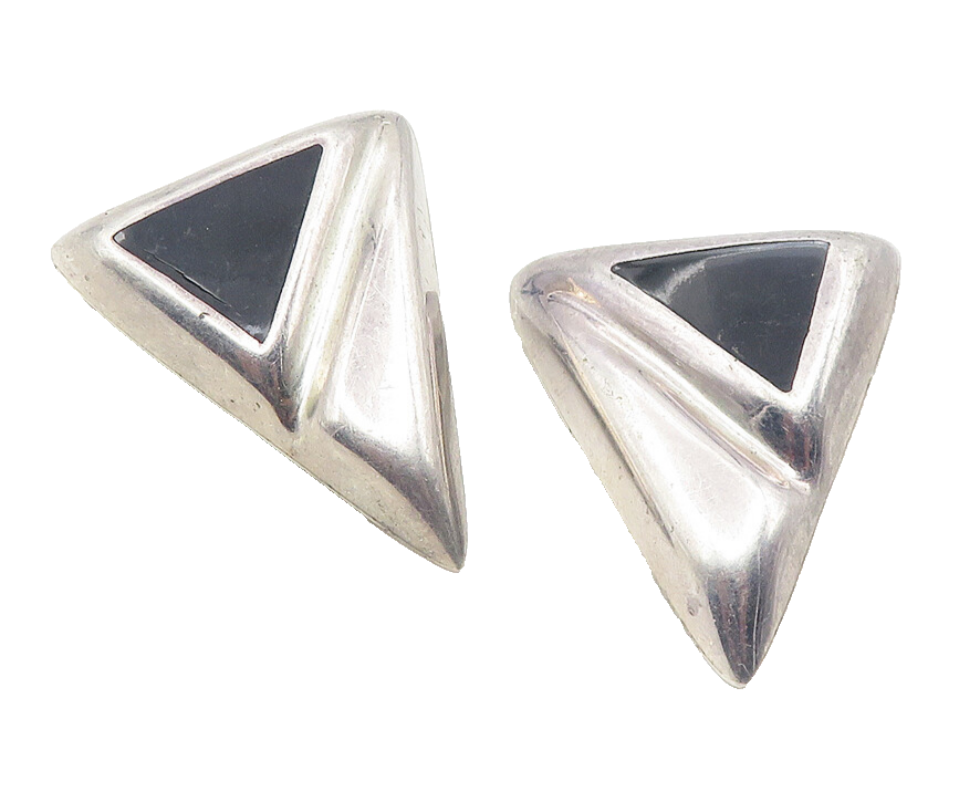 MEXICO 925 Sterling Silver  Vintage Black Onyx Non Pierce Earrings  EG6163