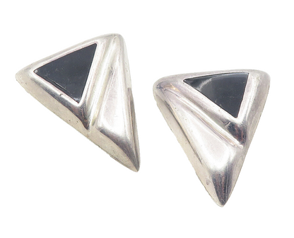 MEXICO 925 Sterling Silver  Vintage Black Onyx Non Pierce Earrings  EG6163