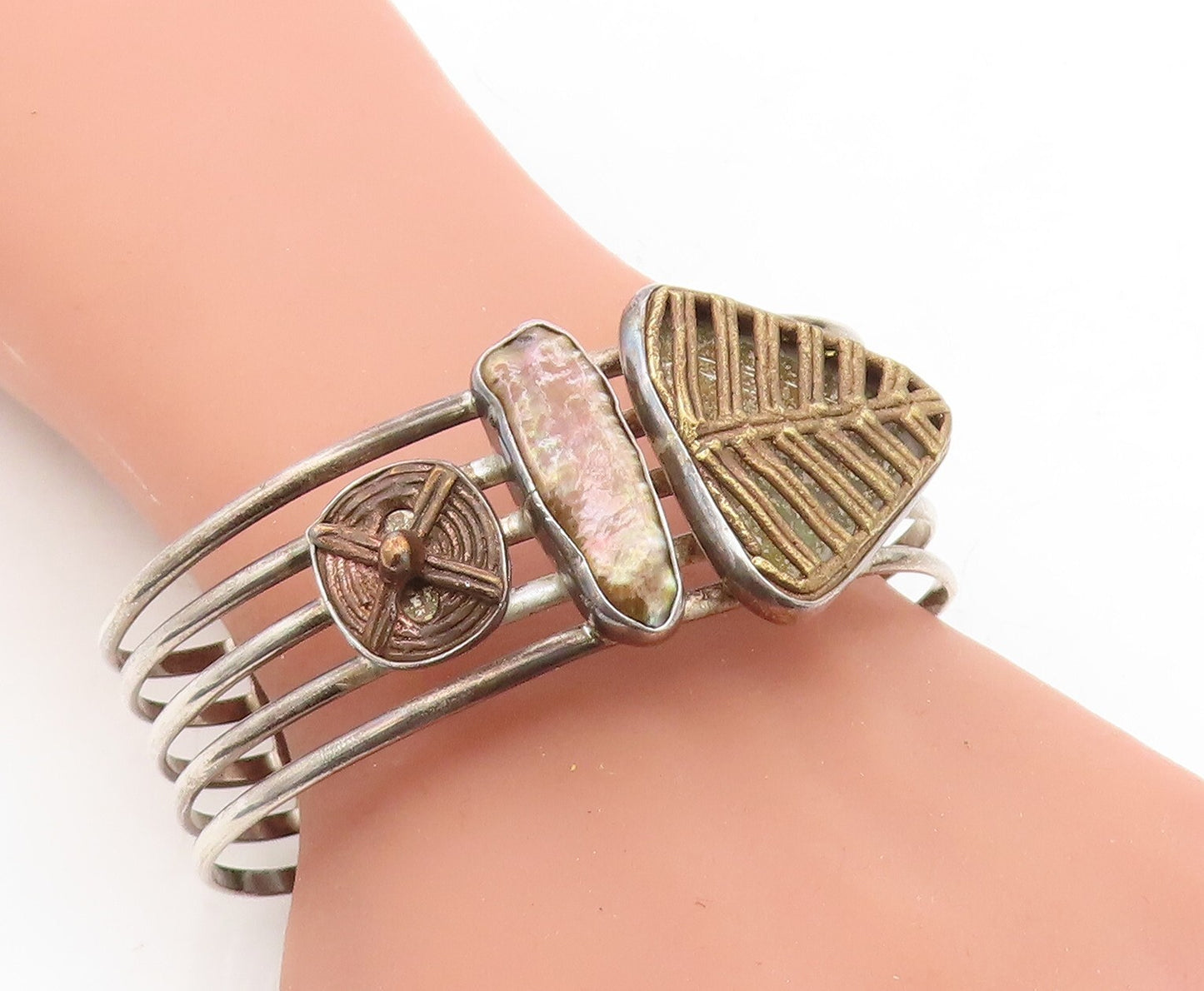 MEXICO 925 Silver  Vintage Abalone Shell Split Shank Cuff Bracelet  BT2893
