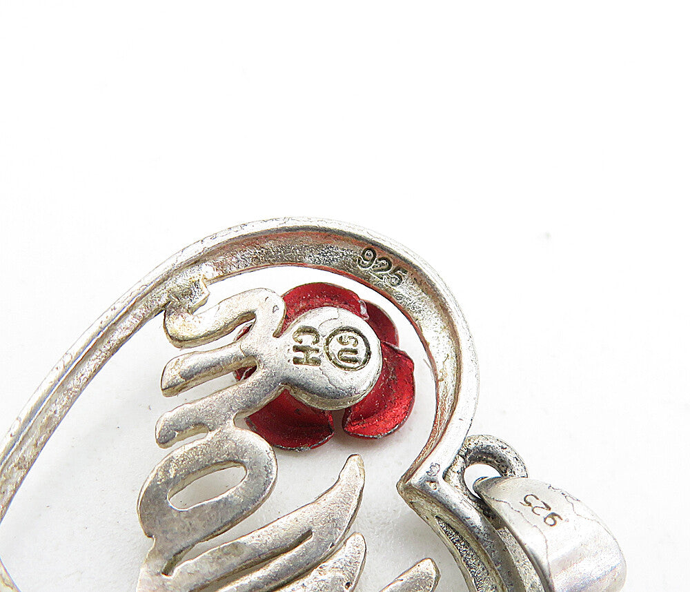 925 Sterling Silver  Vintage Rose Flower Mom Love Heart Drop Pendant  PT3406