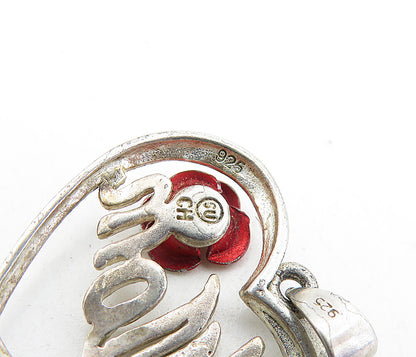 925 Sterling Silver  Vintage Rose Flower Mom Love Heart Drop Pendant  PT3406