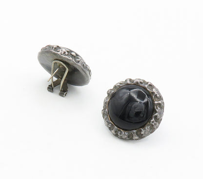 ISRAEL 925 Silver  Vintage Cabochon Black Onyx Non Pierce Earrings  EG7704