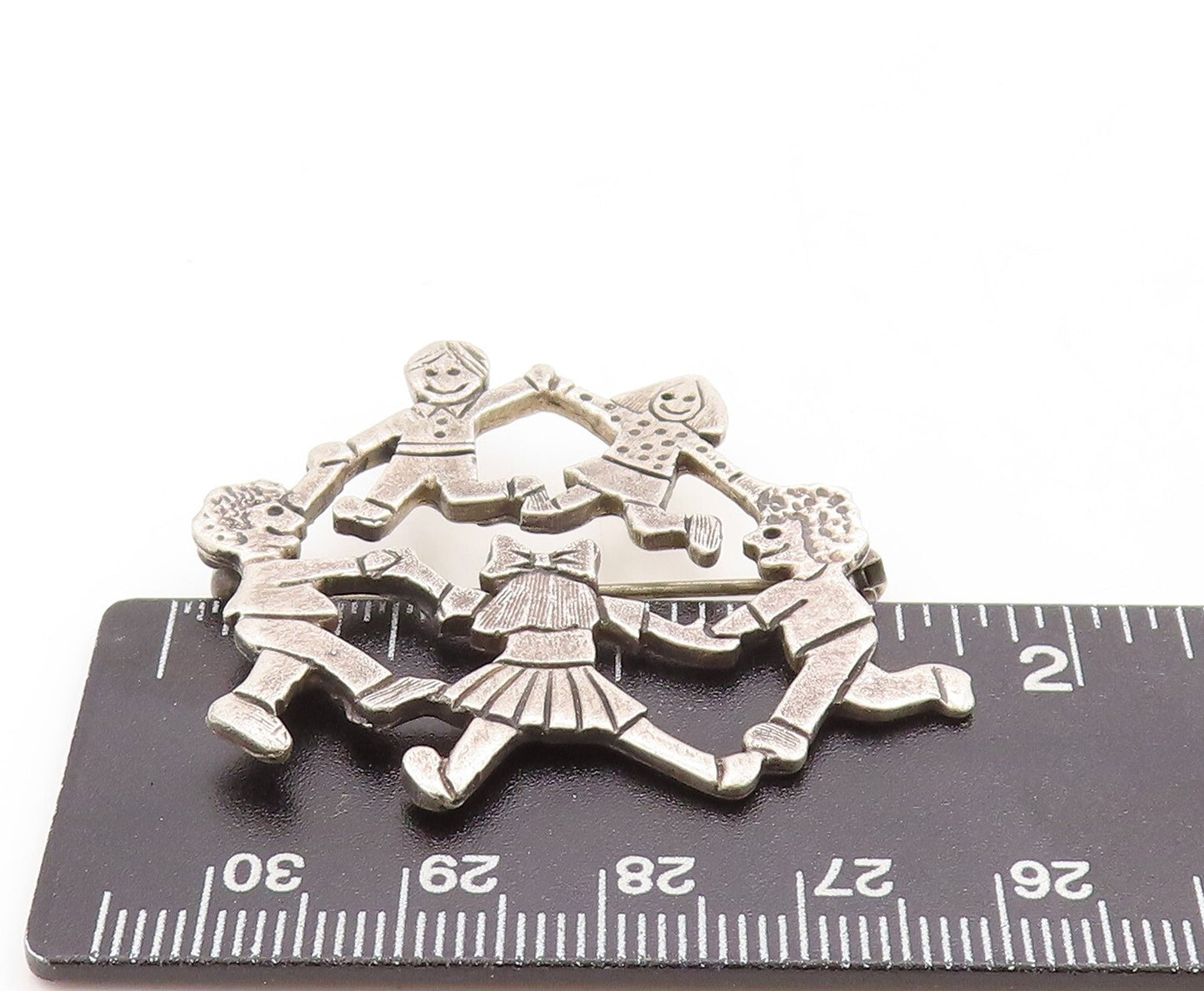 925 Sterling Silver Vintage Brooch Pin Happy Children Playing In Circle  BP11334