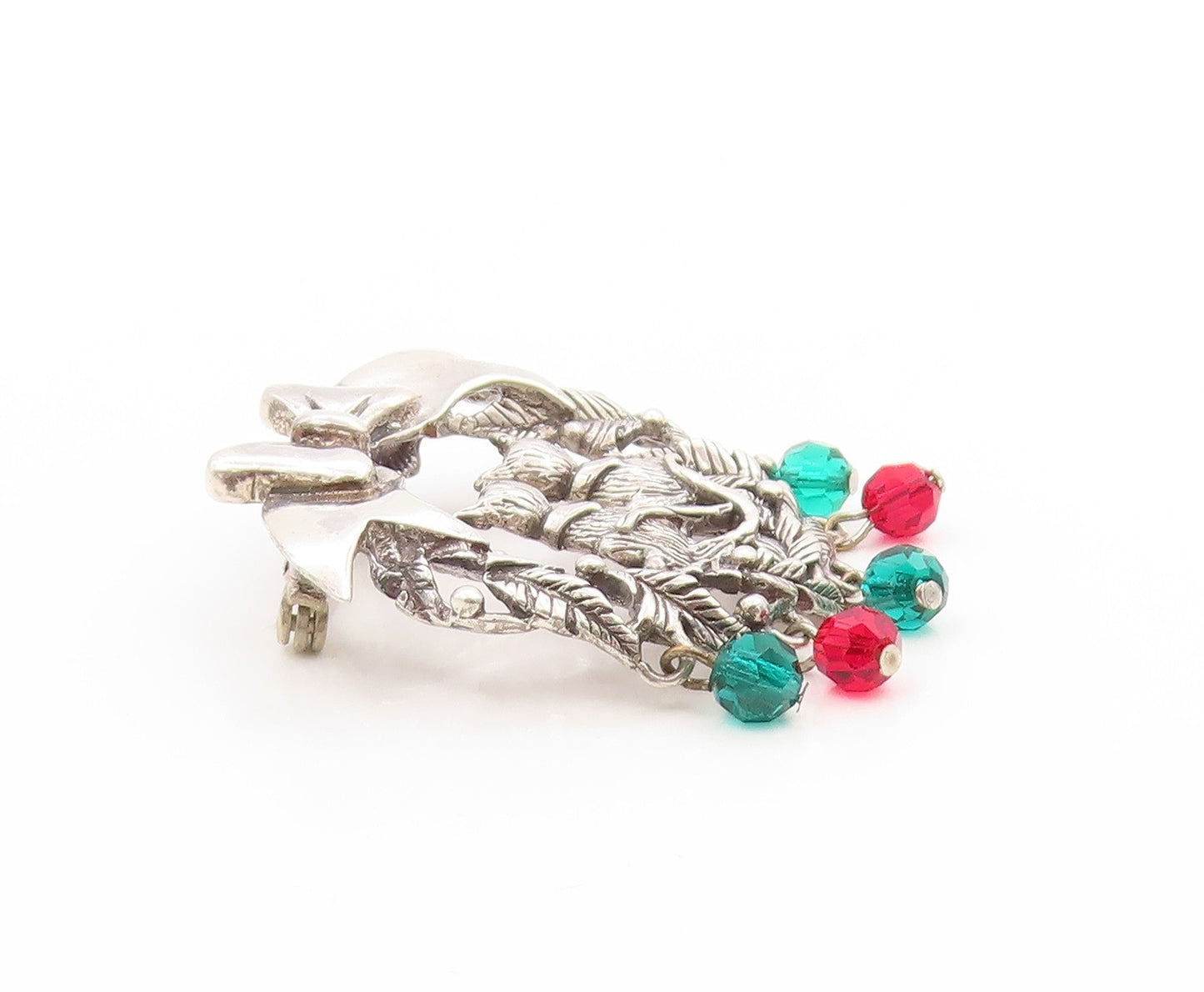 925 Sterling Silver Vintage Brooch Holiday Cat Couple Floral Design Pin  BP11875