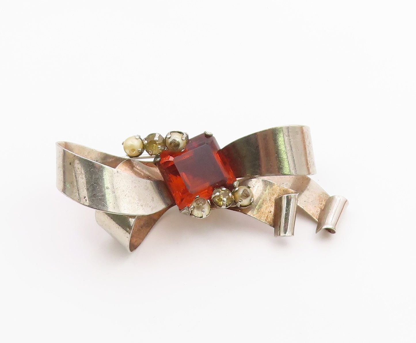 925 Sterling Silver  Vintage Citrine & Petite Pearls Ribbon Brooch Pin  BP6172