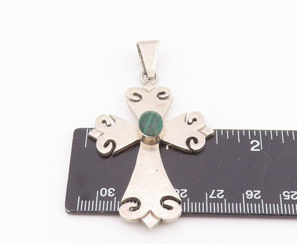 925 Sterling Silver Vintage Pendant MEXICO Malachite Religious Cross  PT26041