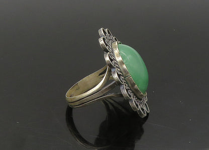 MEXICO 925 Silver  Vintage Green Jasper Floral Cocktail Ring Sz 8  RG23313