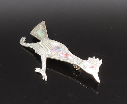 925 Silver  Vintage Etched Abalone Bird With Red Topaz Eye Brooch Pin  BP10062