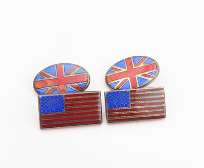 925 Sterling Silver Vintage Cufflinks Enameled USA & England Flag Design  TR4153