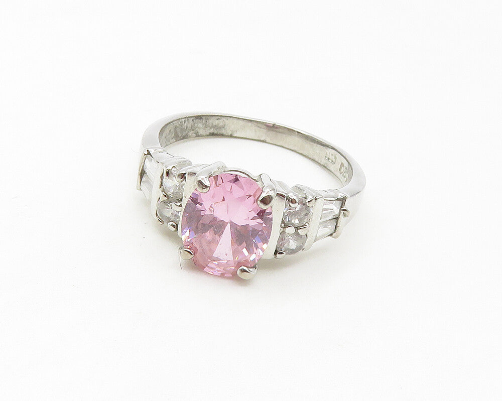 925 Sterling Silver  Shiny Pink & White Cubic Zirconia Band Ring Sz 7  RG17102