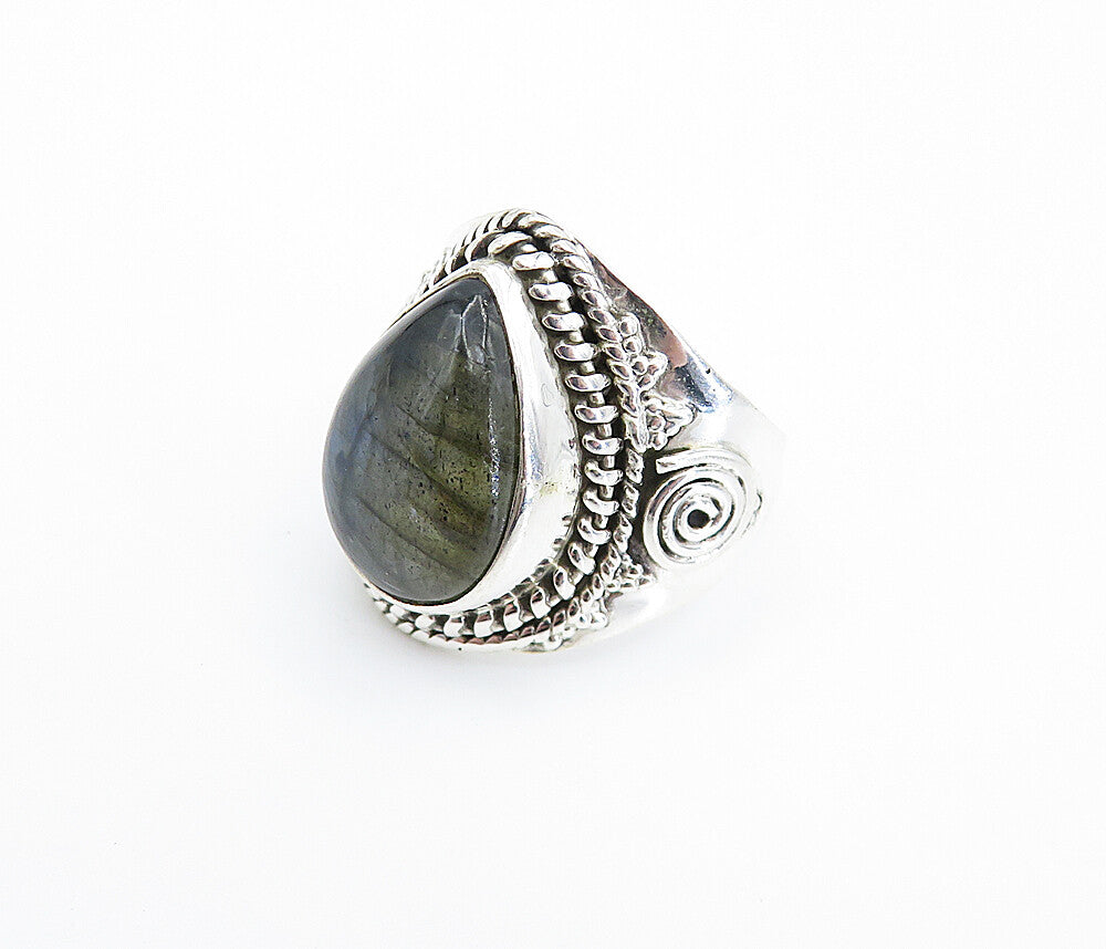 925 Sterling Silver  Cabochon Labradorite Tear Drop Cocktail Ring Sz 6  RG8074