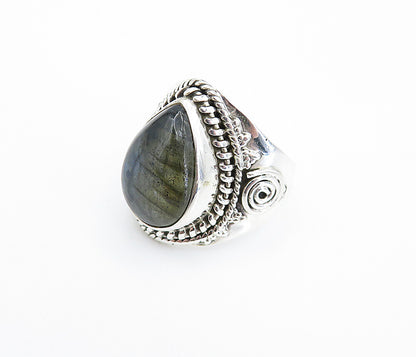 925 Sterling Silver  Cabochon Labradorite Tear Drop Cocktail Ring Sz 6  RG8074