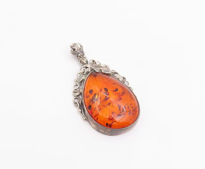 925 Sterling Silver Vintage Pendant POLAND Teardrop Amber Grape & Leaf  PT26034