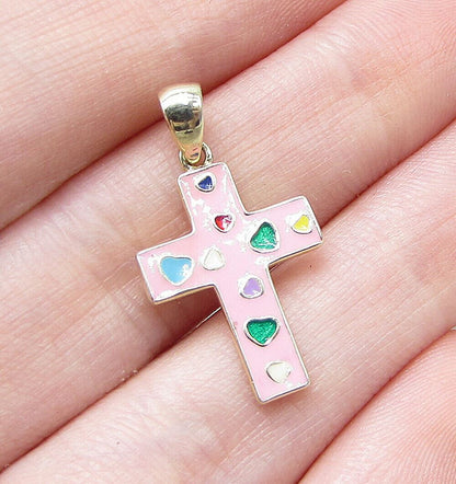 Gold Over 925 Sterling Silver Love Hearts Enamel Cross Drop Pendant PT1202