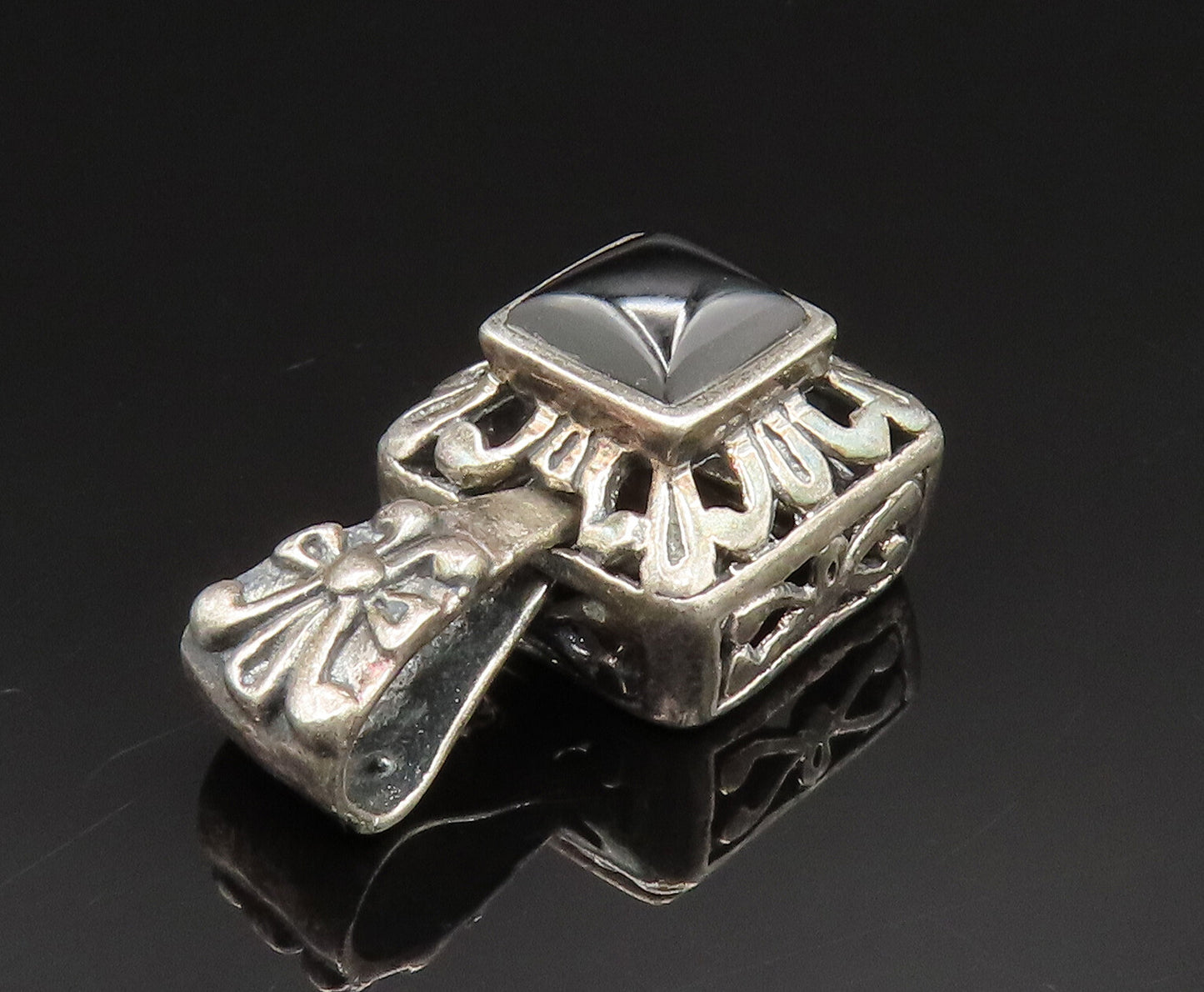 925 Sterling Silver  Vintage Square Black Onyx Scroll Work Pendant  PT20707