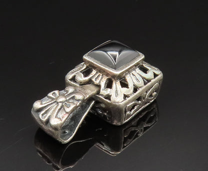 925 Sterling Silver  Vintage Square Black Onyx Scroll Work Pendant  PT20707