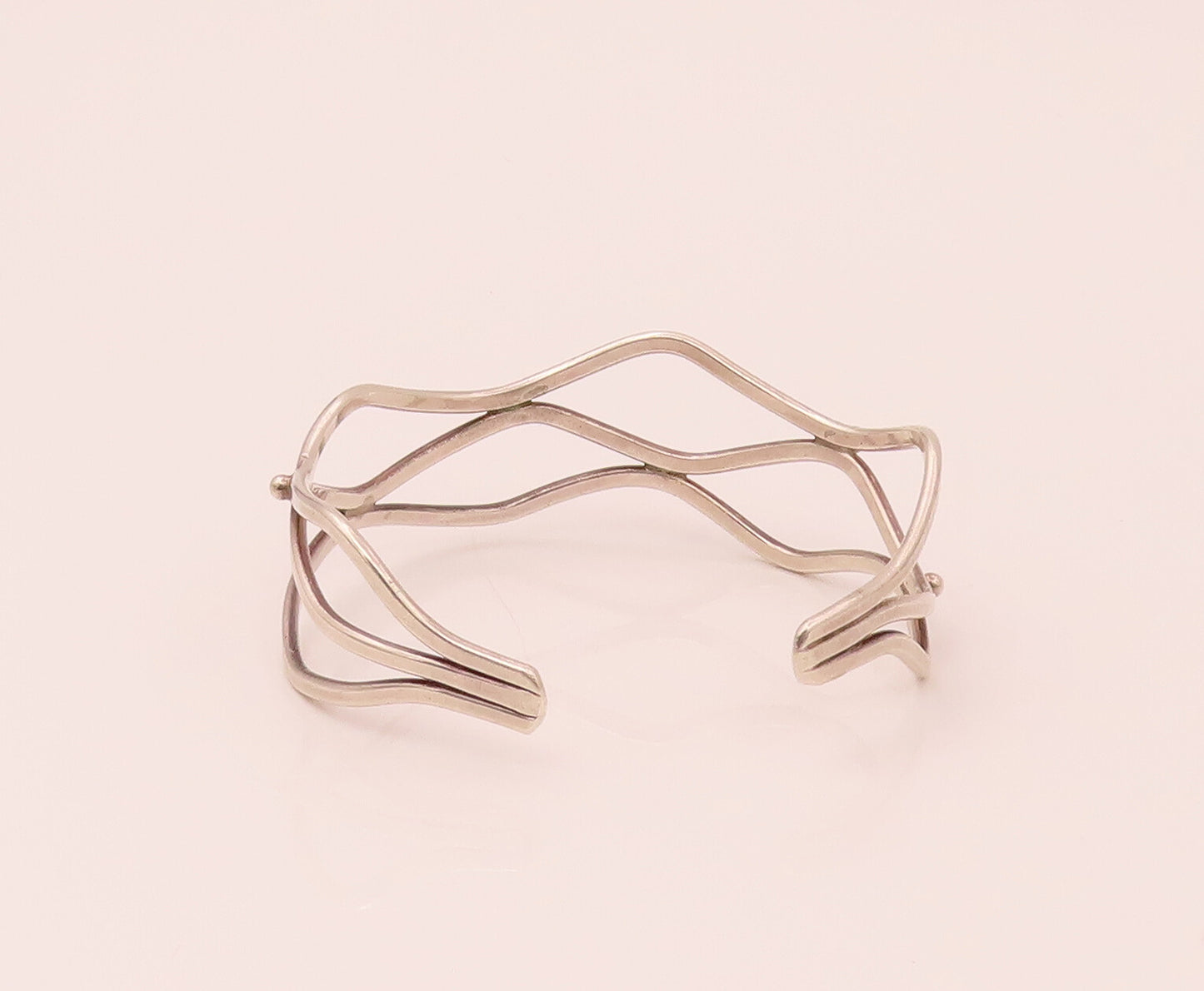 925 Sterling Silver  Vintage Three Strand Wave Beaded Cuff Bracelet  BT9810