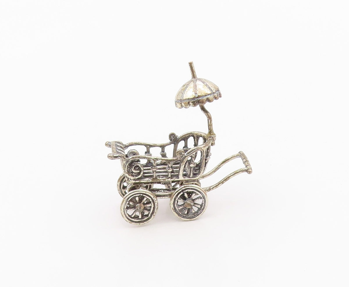 925 Sterling Silver  Vintage Shiny Old Fashioned Baby Carriage Trinket  TR1823