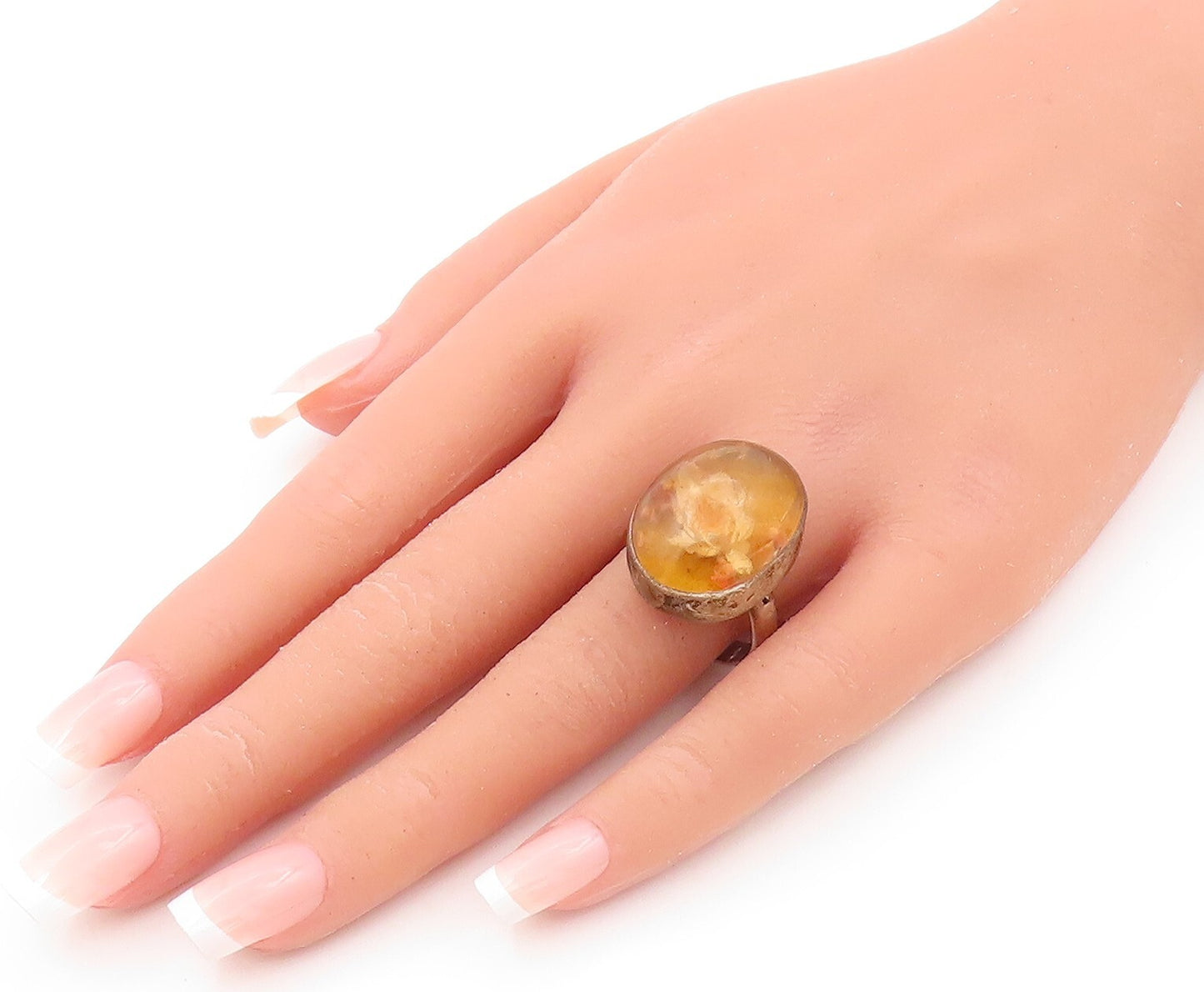 925 Sterling Silver Vintage Ring TAXCO Dark tone Cabochon Amber  Sz 9  RG31865