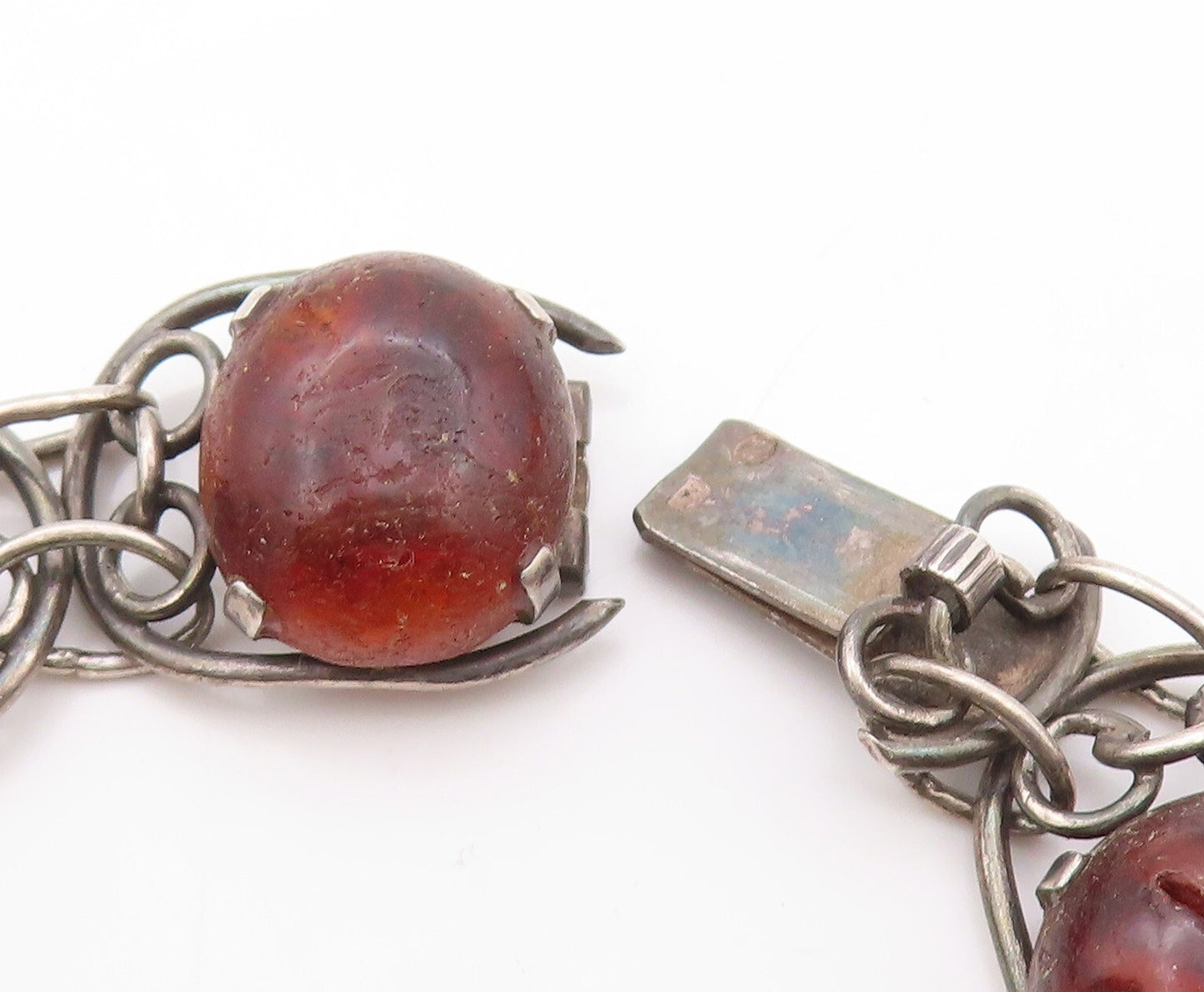 925 Sterling Silver Vintage Bracelet POLAND Brutalist Design Large Amber BT10815