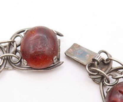925 Sterling Silver Vintage Bracelet POLAND Brutalist Design Large Amber BT10815