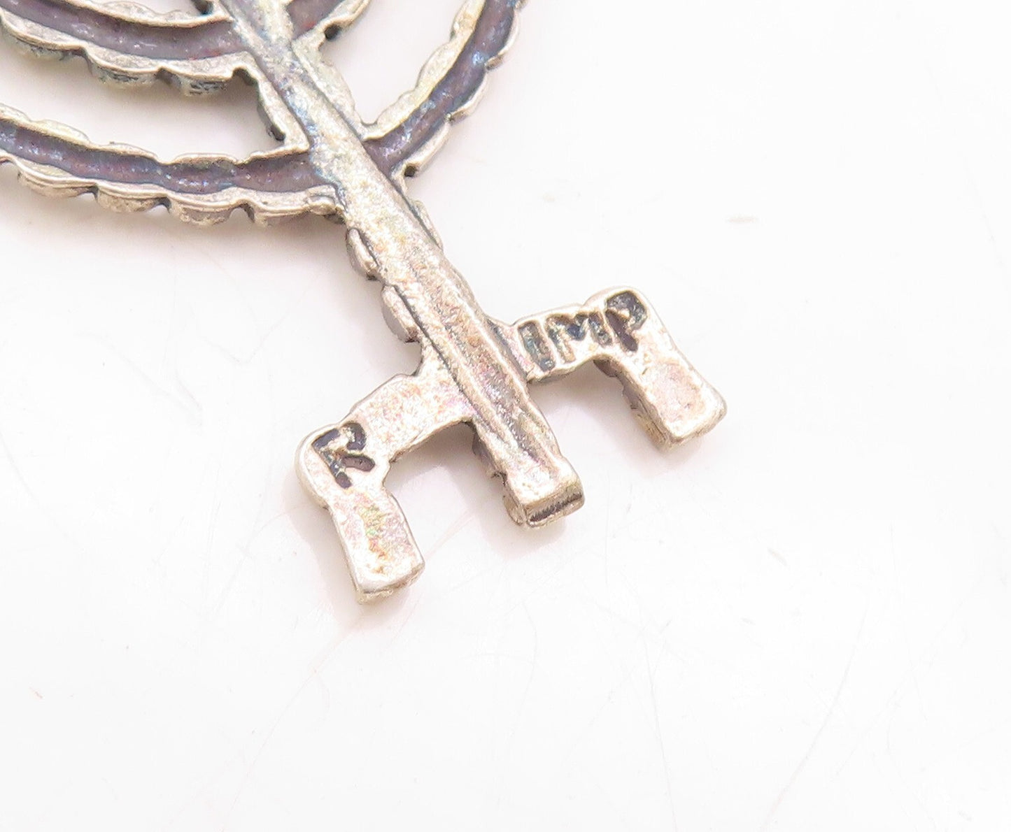 925 Sterling Silver Vintage Pendant Dark Tone Carved Jewish Menora  PT23872