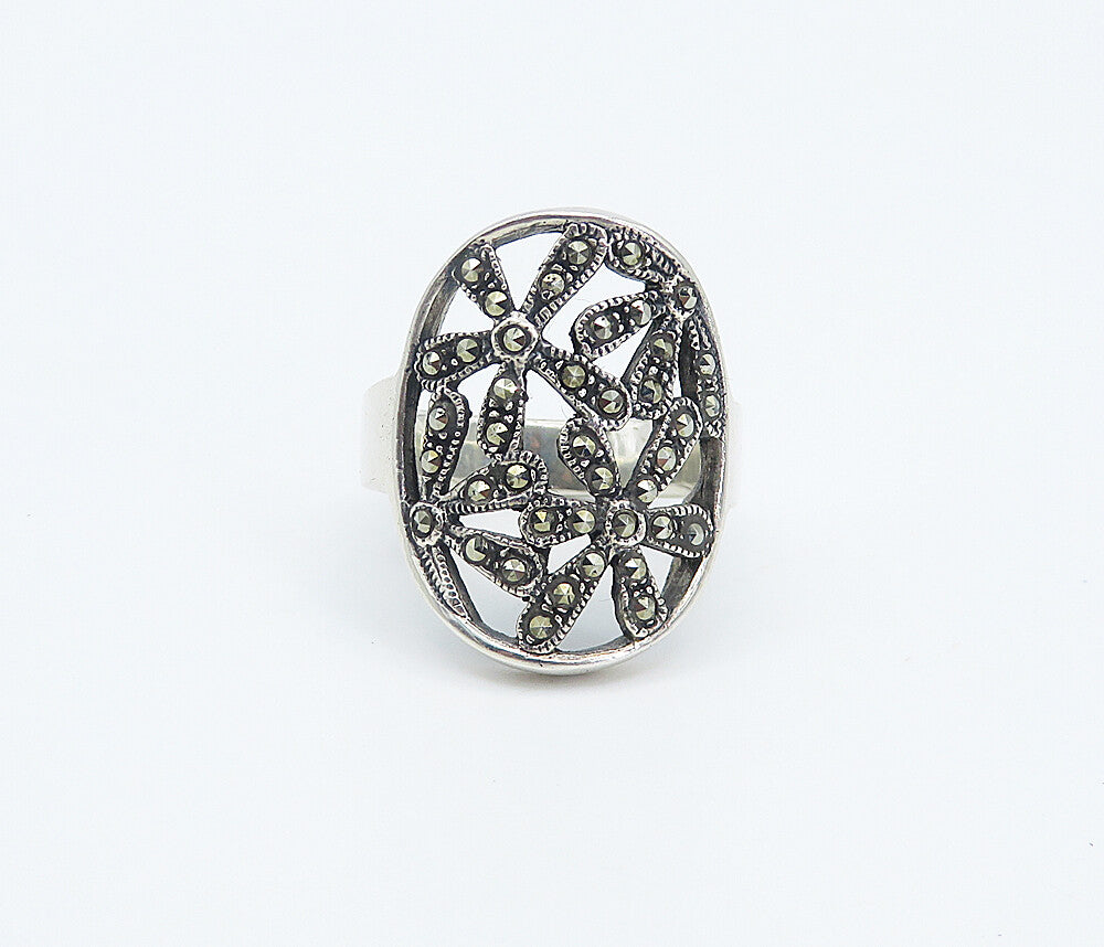925 Sterling Silver  Marcasite Open Retro Flowers Cocktail Ring Sz 7.5  RG8323