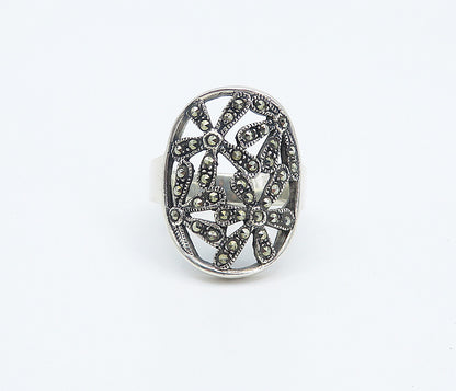 925 Sterling Silver  Marcasite Open Retro Flowers Cocktail Ring Sz 7.5  RG8323
