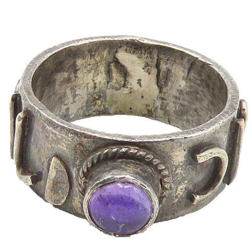 925 Sterling Silver  Vintage Cabochon Amethyst Oxidized Band Ring Sz 5 RG17994