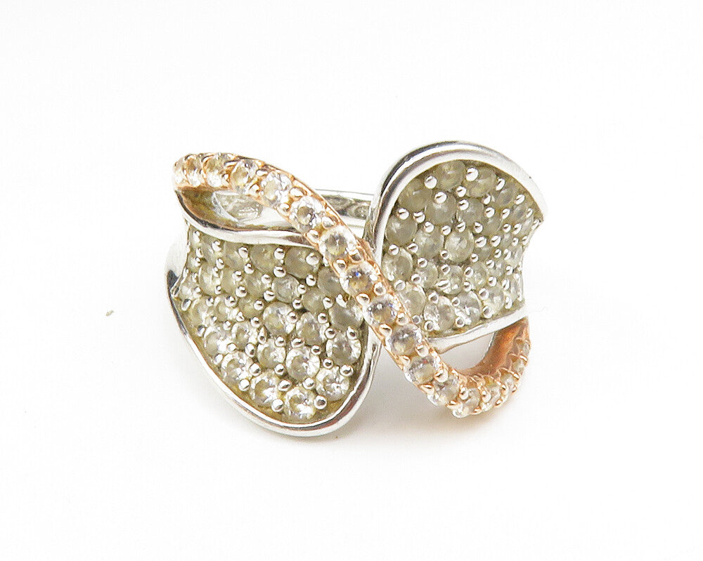 925 Sterling Silver  White Topaz Two Tone Split Swirl Band Ring Sz 6  RG12571