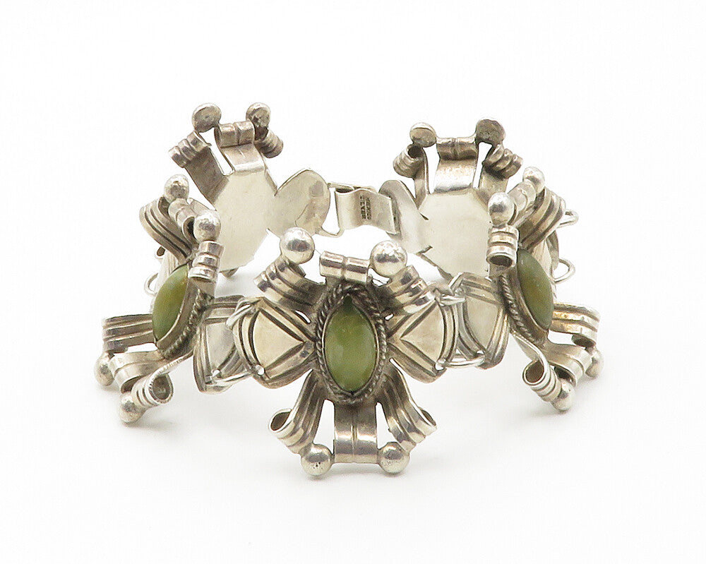 MEXICO 925 Silver  Vintage Jasper Floral Motif Sculpted Chain Bracelet  BT5517