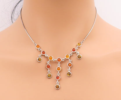 925 Sterling Silver Vintage Necklace Multi Stone Amber Classic Link Chain NE4630