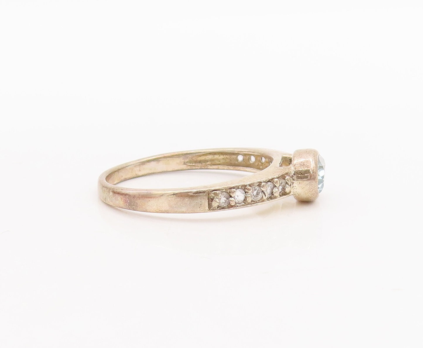 925 Sterling Silver Vintage Ring Oval Cut & Round Beaded 2 Tone CZ  Sz 8 RG29233