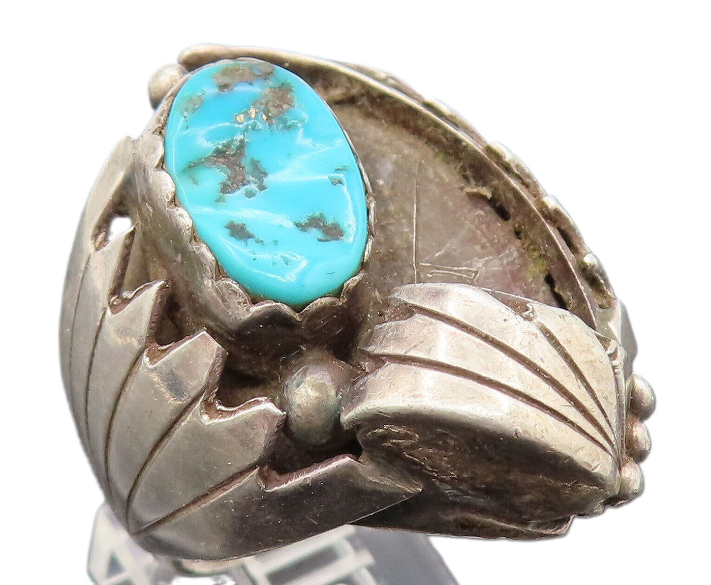 NAVAJO 925 Silver  Vintage Modern Engraved Lines Turquoise Ring Sz 10  RG26170