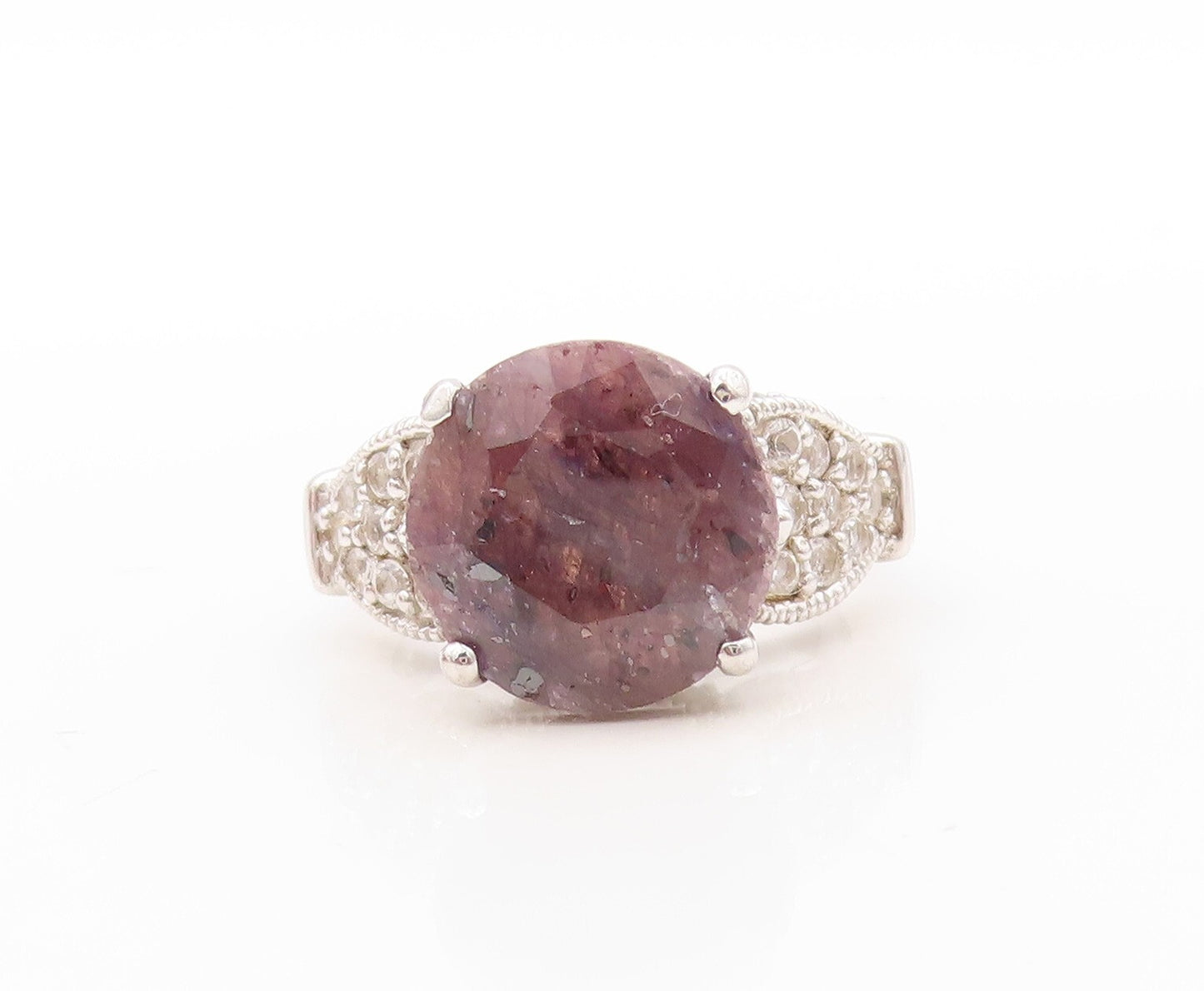 925 Sterling Silver Vintage Ring Round Cut Gemstone Flora Carved CZ Sz 7 RG30829