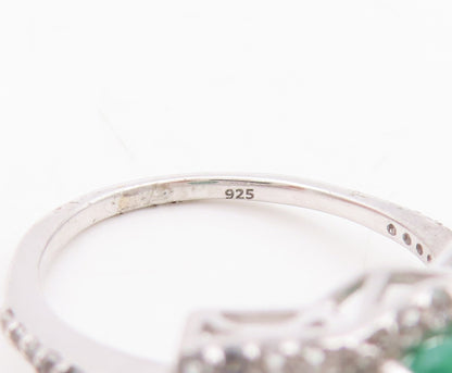 925 Sterling Silver Vintage Ring Modernist Oval Emerald & Topaz  Sz 7.5  RG29752