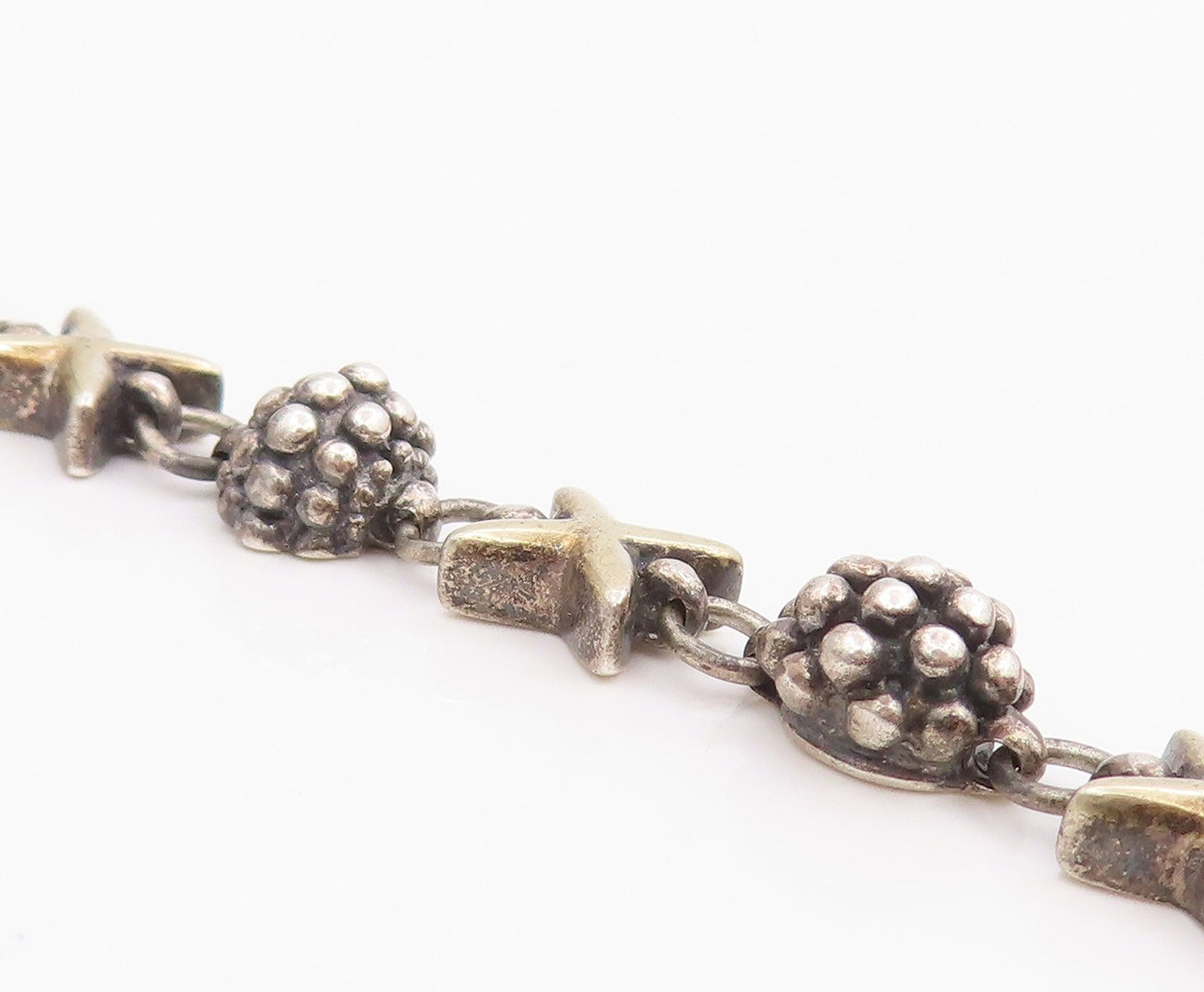 14k Gold & 925 Sterling Silver Vintage Bracelet Beaded Ball & Cross Link BT11978