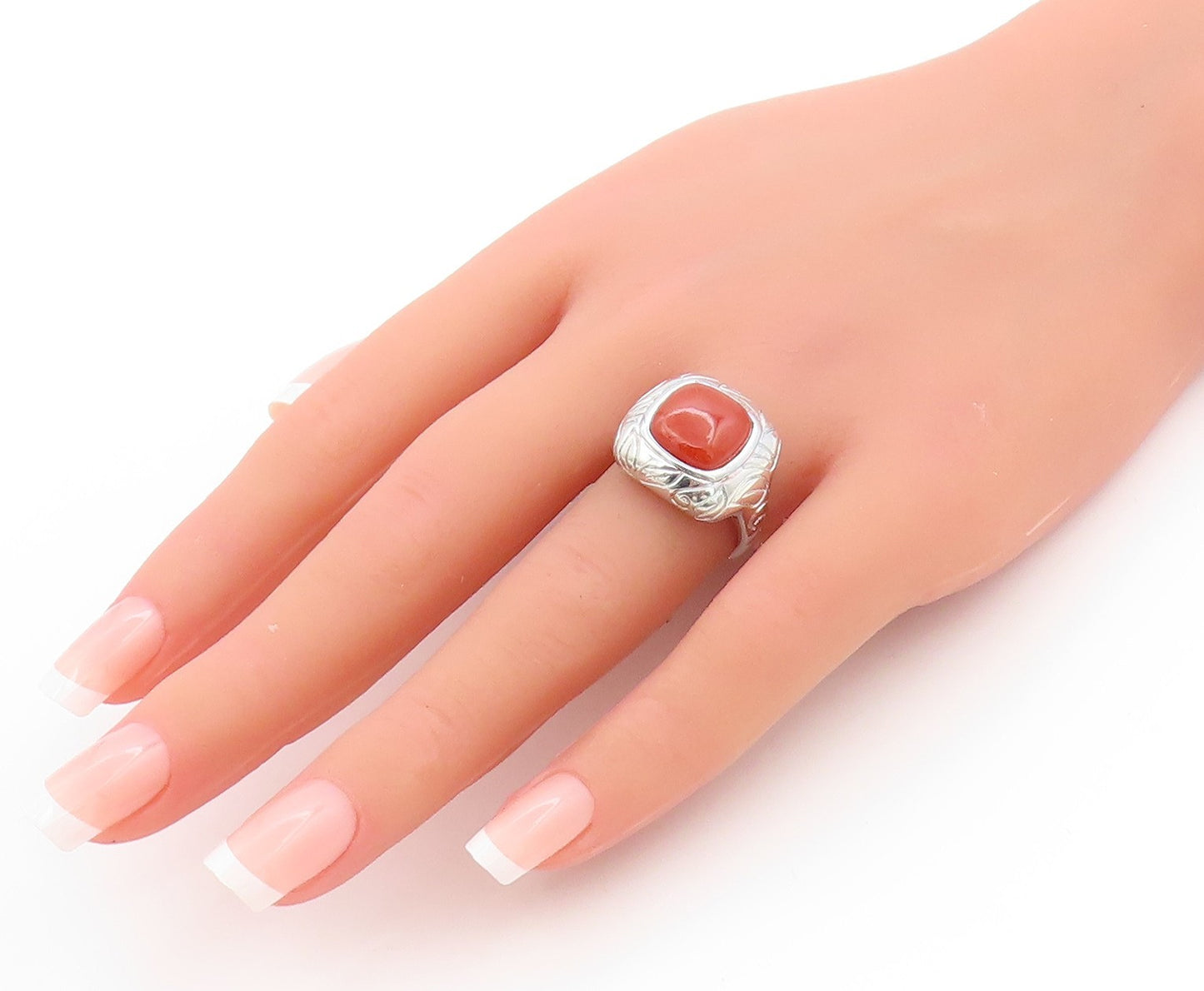 925 Sterling Silver Vintage Ring Carnelian Etched Floral Leaf Band Sz 7 RG33696