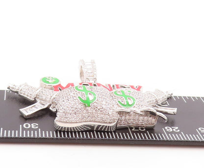 925 Sterling Silver Vintage Pendant CZ Inlay AK47 & Carved Money Cutout  PT23768