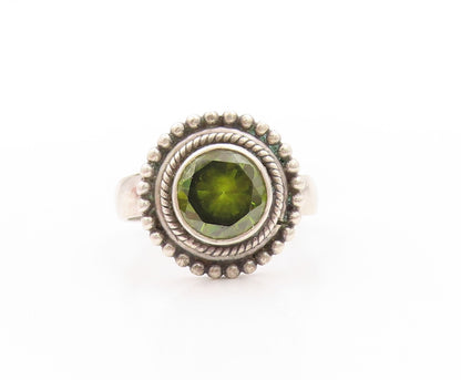 925 Sterling Silver Vintage Ring Round Peridot Halo Grooved Rings  Sz 7  RG32932
