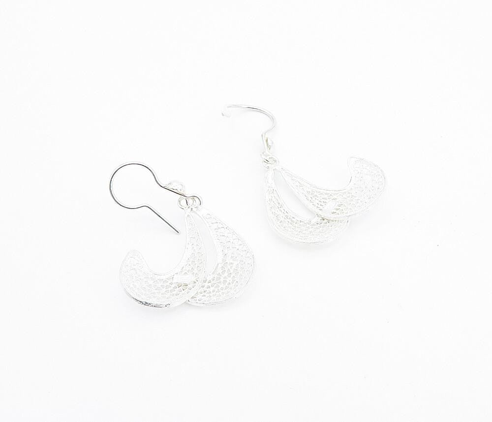 925 Sterling Silver  Filigree Detail Curved Design Shiny Drop Earrings  EG3026