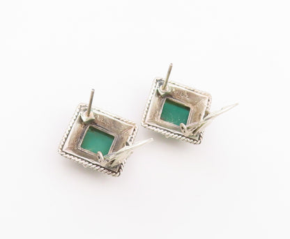 925 Sterling Silver Vintage Earrings Green Onyx Beaded Frame Clip On  EG14432