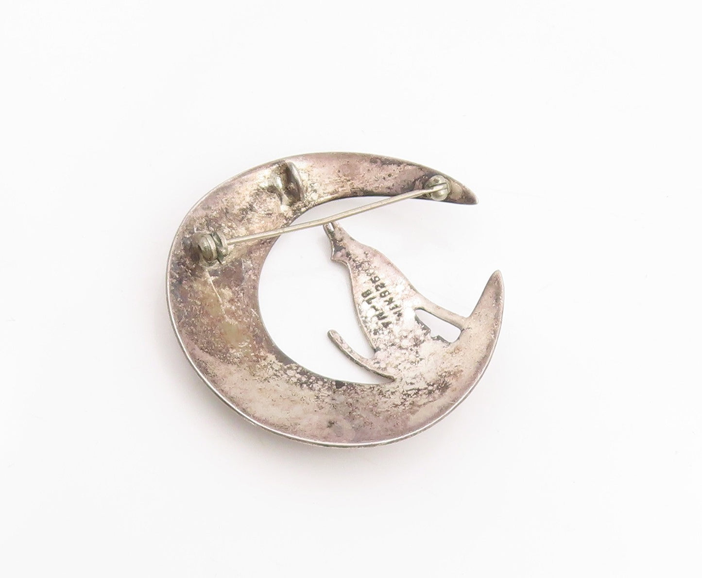 925 Sterling Silver Vintage Brooch MEXICO Etched Moon & Howling Wolf Pin BP11966