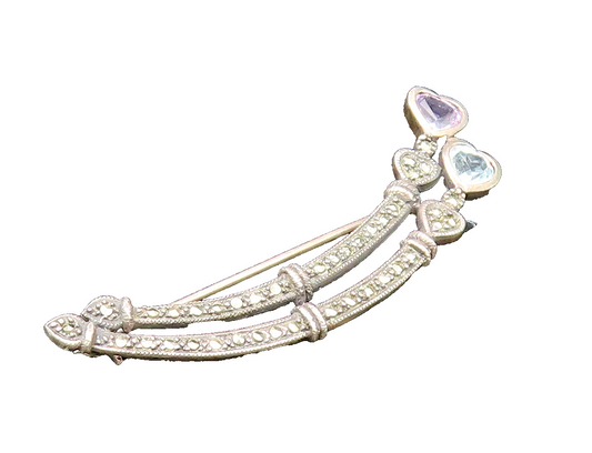 925 Silver  Vintage Kunzite Topaz & Marcasite Love Heart Brooch Pin  BP9719