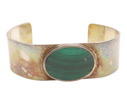 925 Sterling Silver Vintage Bracelet Modernist Cabochon Malachite Cuff  BT11971