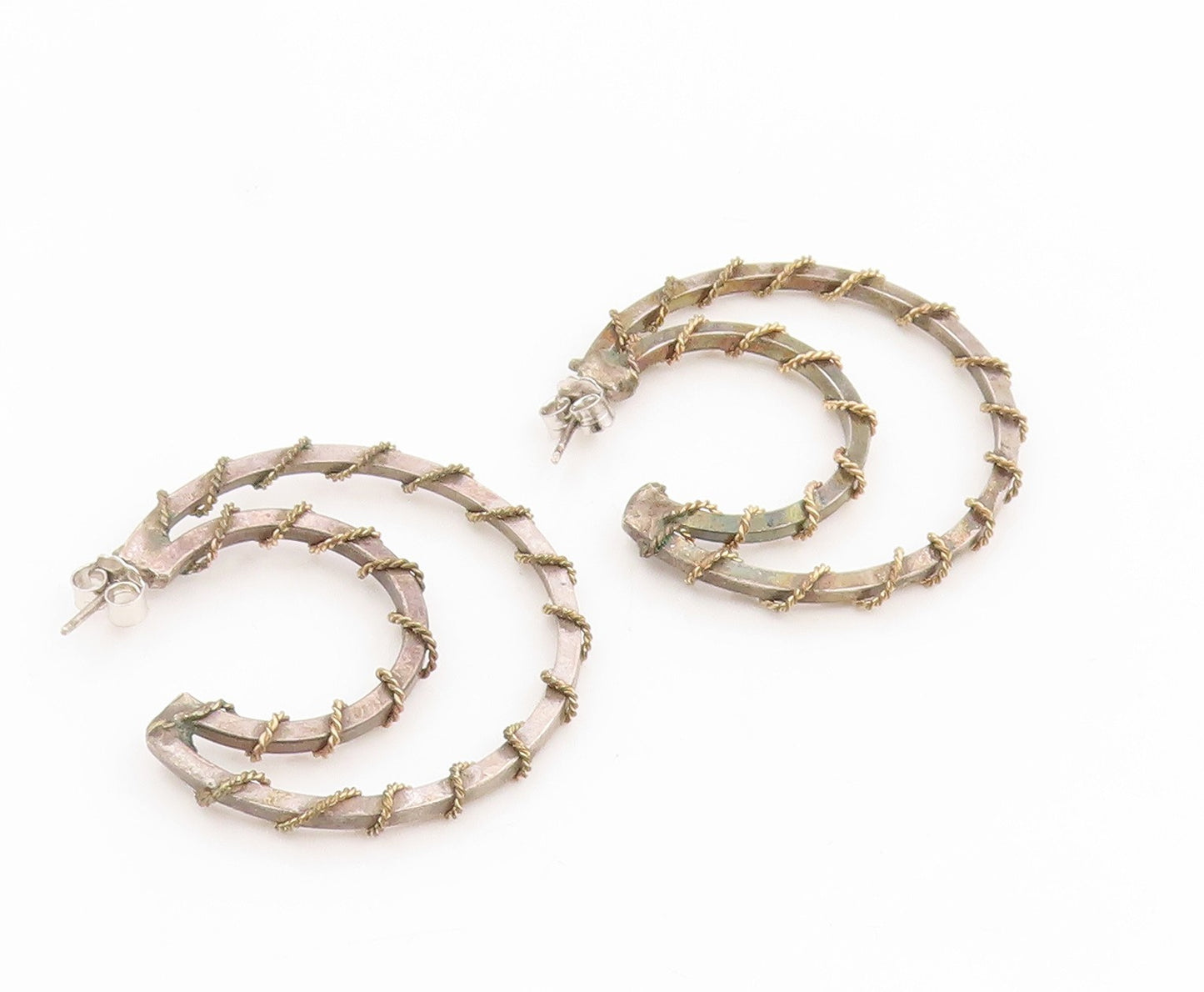 925 Sterling Silver Vintage Earrings Two Tone Twisted Rope Double Hoop  EG14322