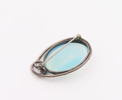 925 Sterling Silver  Vintage Blue Stone Oval Swirl Border Brooch Pin  BP8051