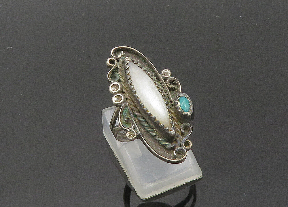 NAVAJO 925 Silver  Vintage Mother Of Pearl & Turquoise Ring Sz 6  RG20068
