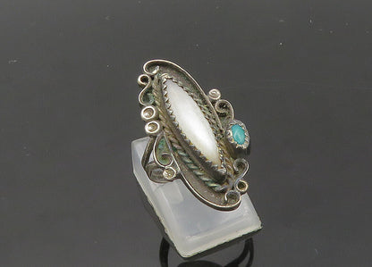 NAVAJO 925 Silver  Vintage Mother Of Pearl & Turquoise Ring Sz 6  RG20068