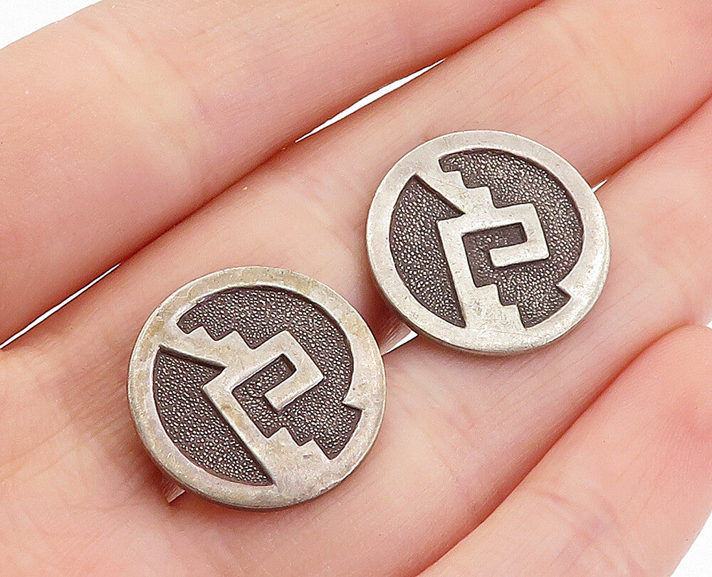 MEXICO 925 Sterling Silver  Vintage Oxidized Pattern Round Cufflinks  TR1259